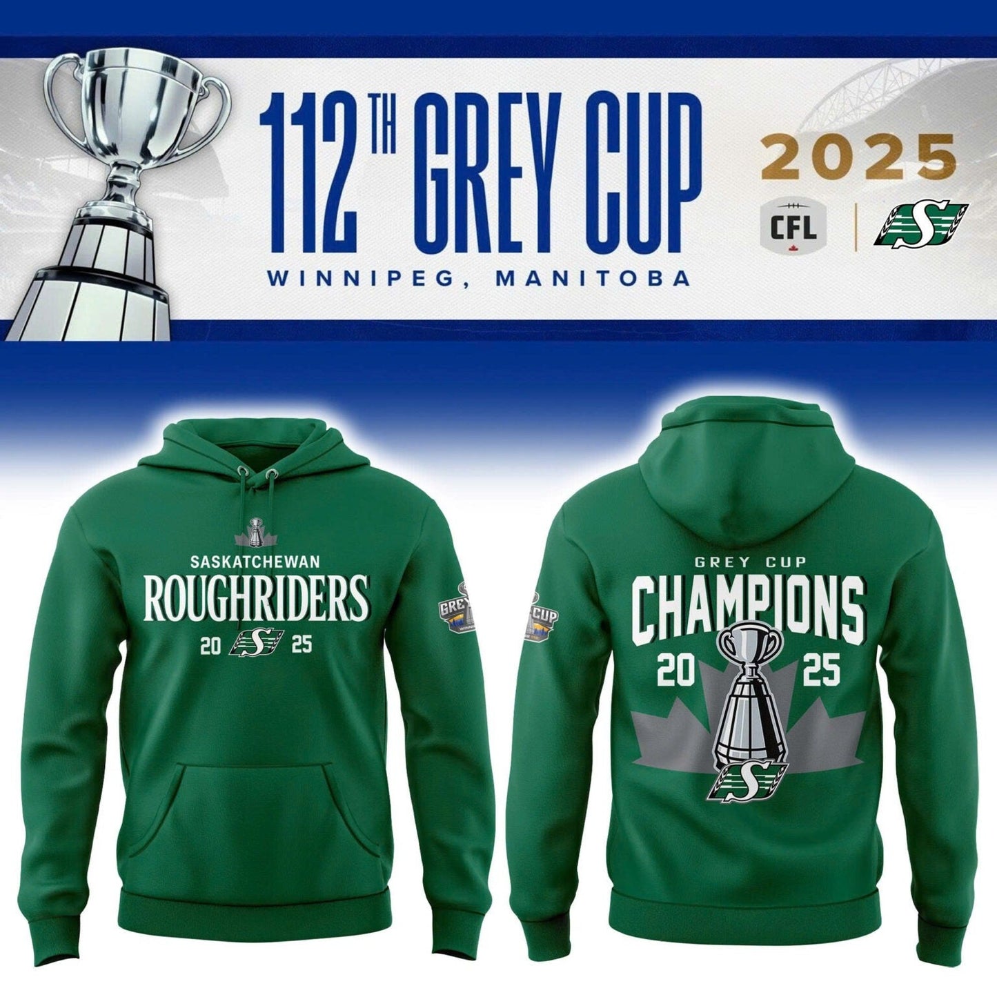 Limited Edition Roughriders 2025 Grey Cup Champions Hoodie-AB1711257005