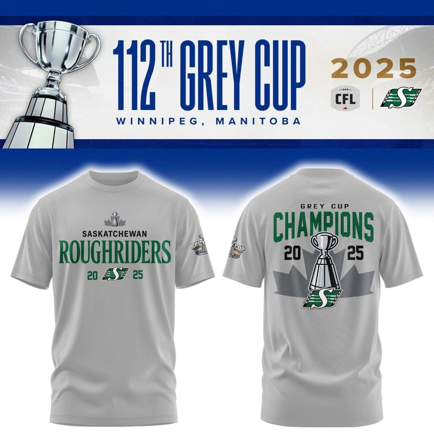 Limited Edition Roughriders 2025 Grey Cup Champions Shirt-AB1711257008