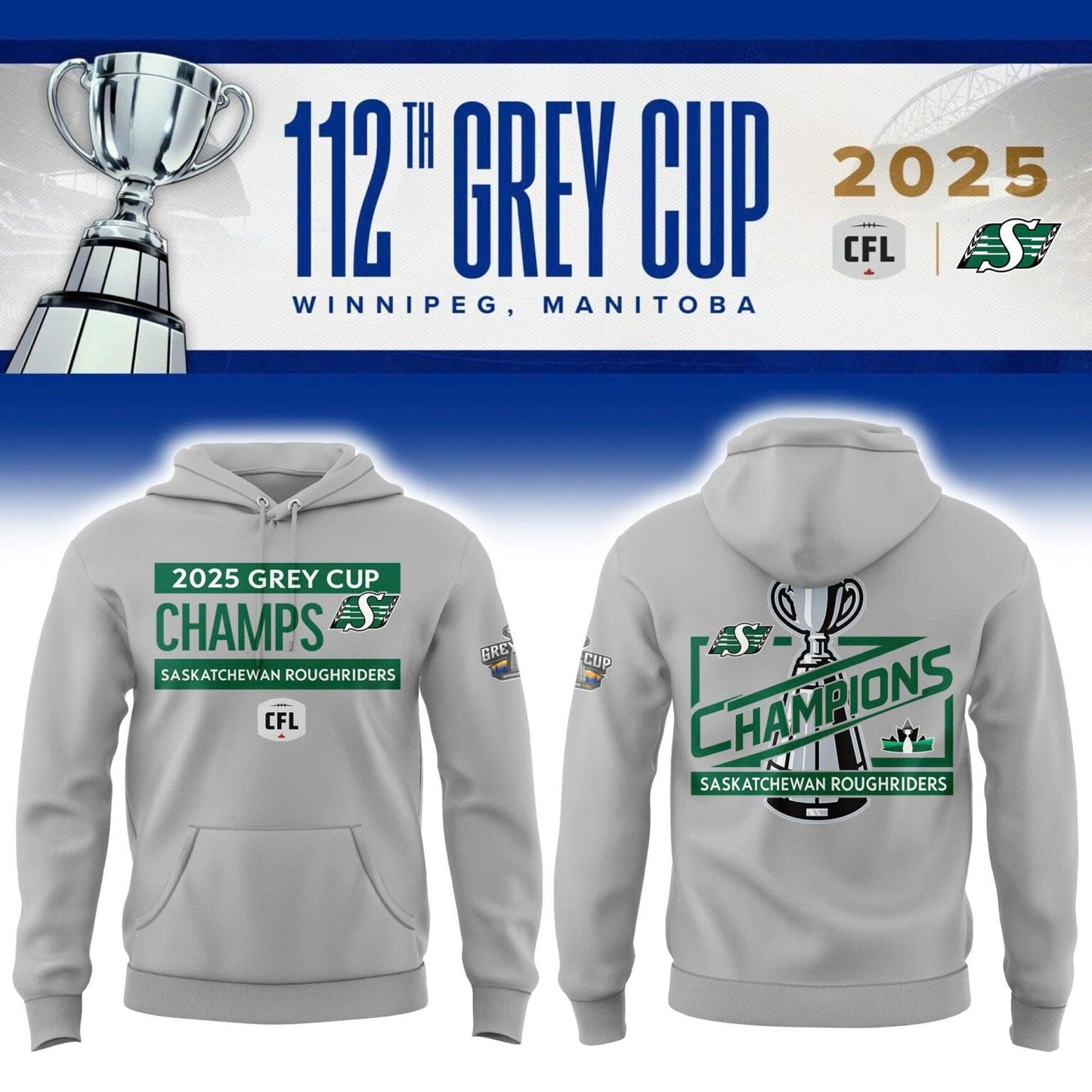 Limited Edition Roughriders 2025 Grey Cup Champions Hoodie-AB1711257011
