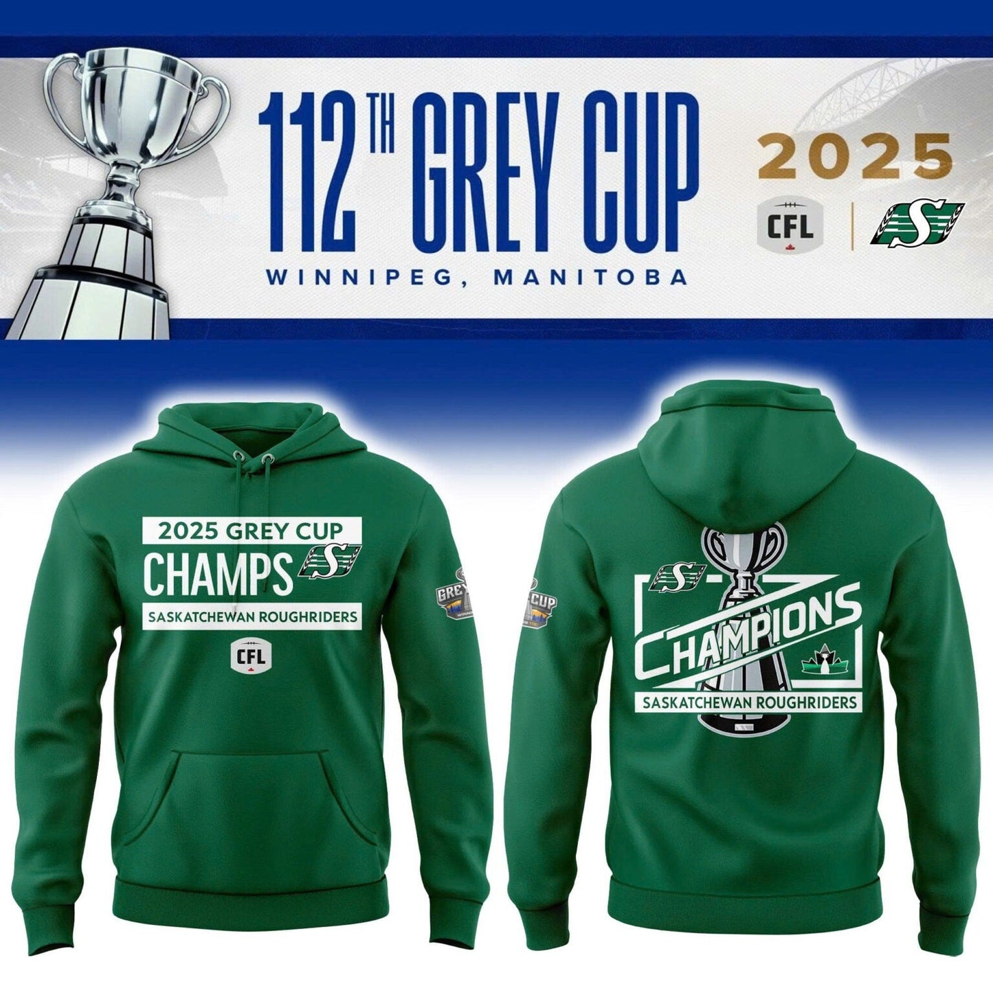 Limited Edition Roughriders 2025 Grey Cup Champions Hoodie-AB1711257009