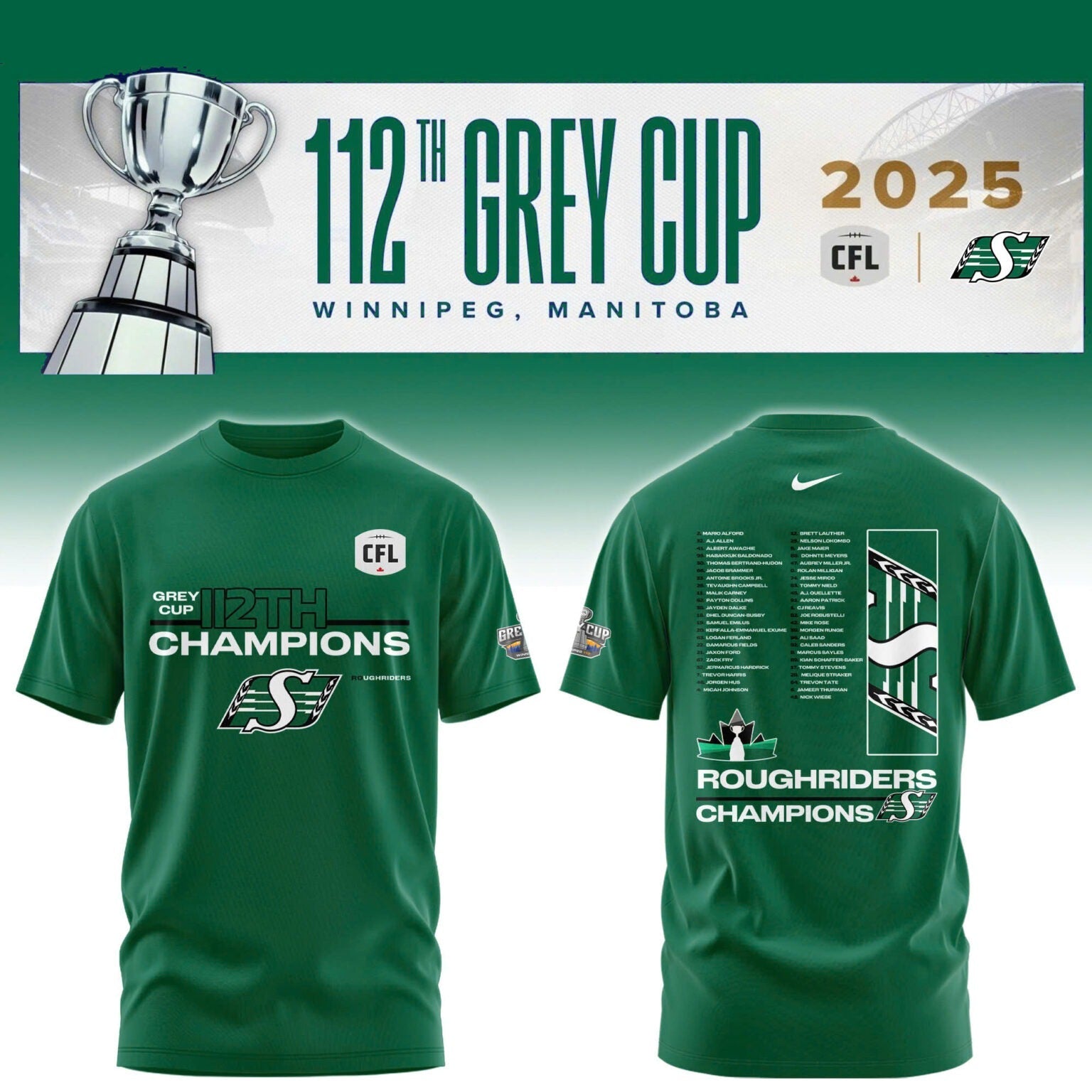Limited Edition Roughriders 2025 Grey Cup Champions Shirt-AB1711257014