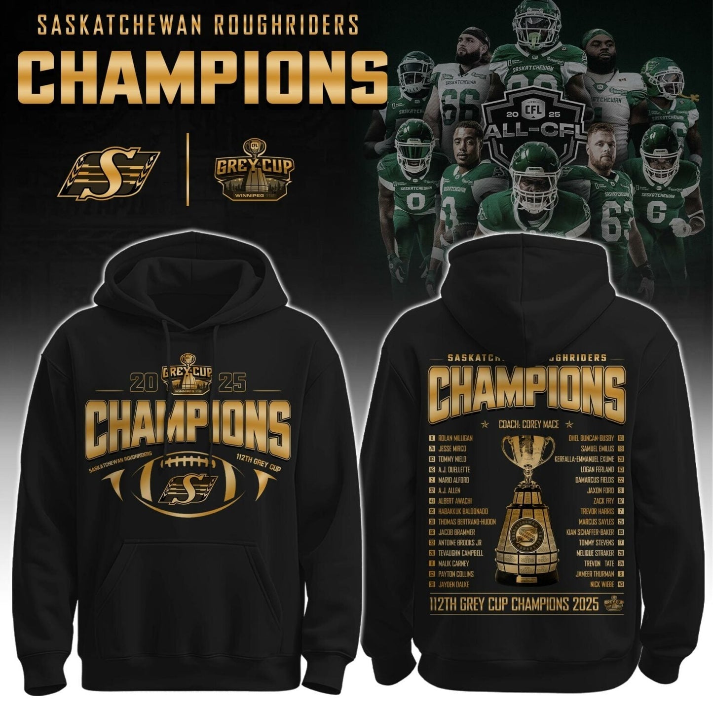 Limited Edition Roughriders 2025 Grey Cup Champions Hoodie-AB1711257021