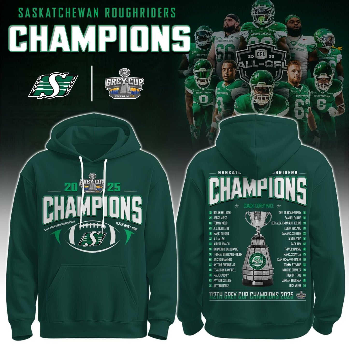 Limited Edition Roughriders 2025 Grey Cup Champions Hoodie-AB1711257022