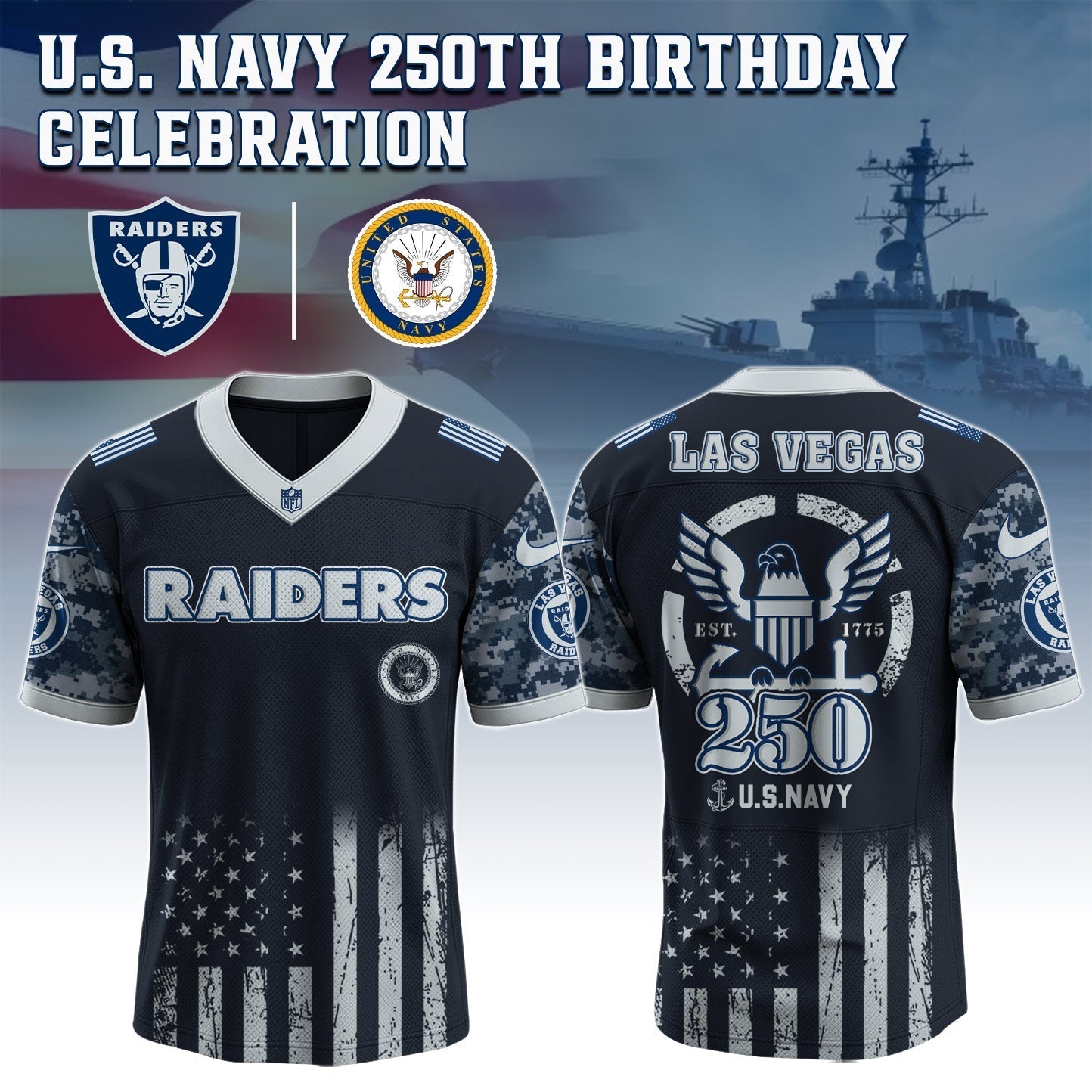 Las Vegas Raiders x U.S. NAVY 250TH Birthday Special Edition Jersey - Tycheco