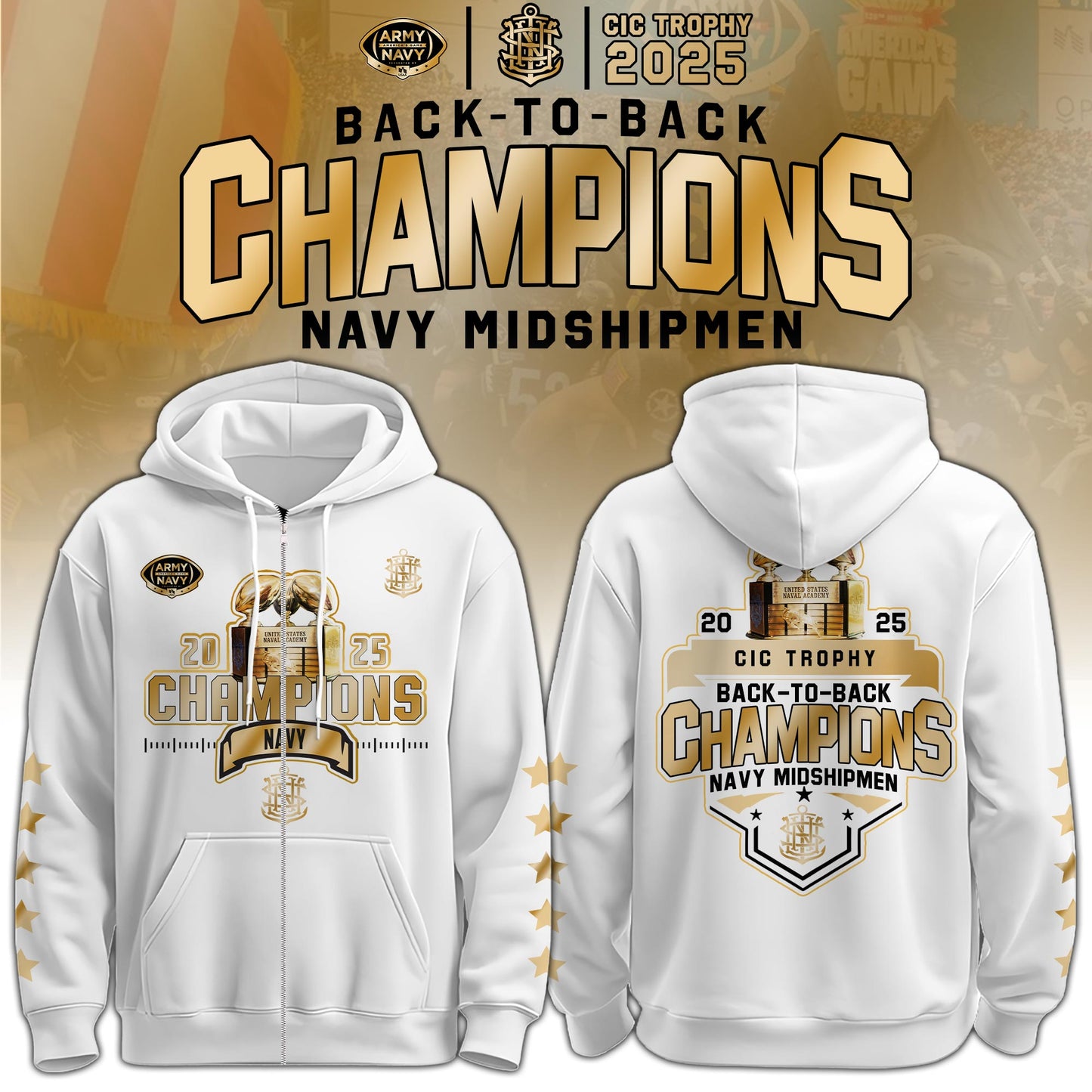 Navy Midshipmen Special Back to Back CIC trophy Champions 2025 Zip Hoodie