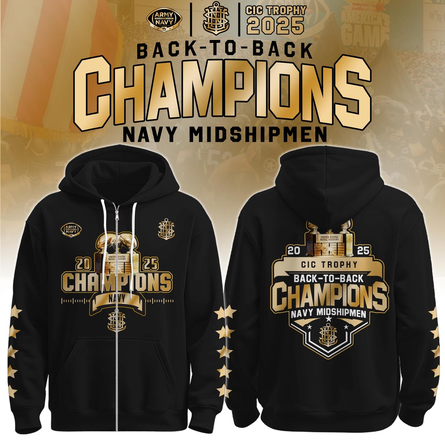 Navy Midshipmen Special Back to Back CIC trophy Champions 2025 Zip Hoodie
