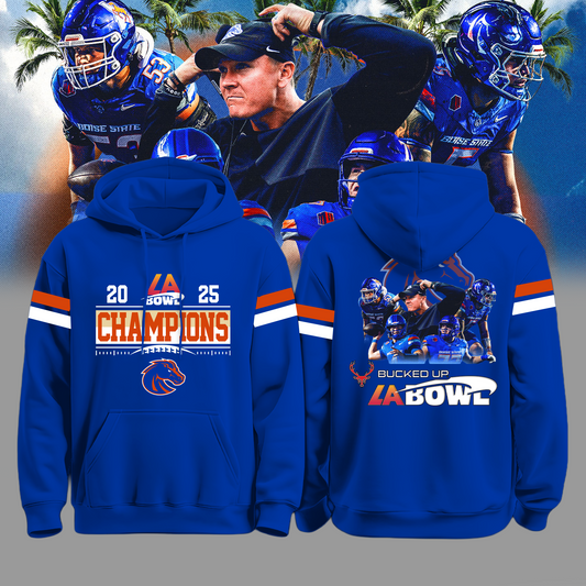 Boise State LA Bowl Champions Blue Hoodie Logo Back - Boise State Football Champions Hoodie Jogger Cap Combo - Twinkle My Toes Merch