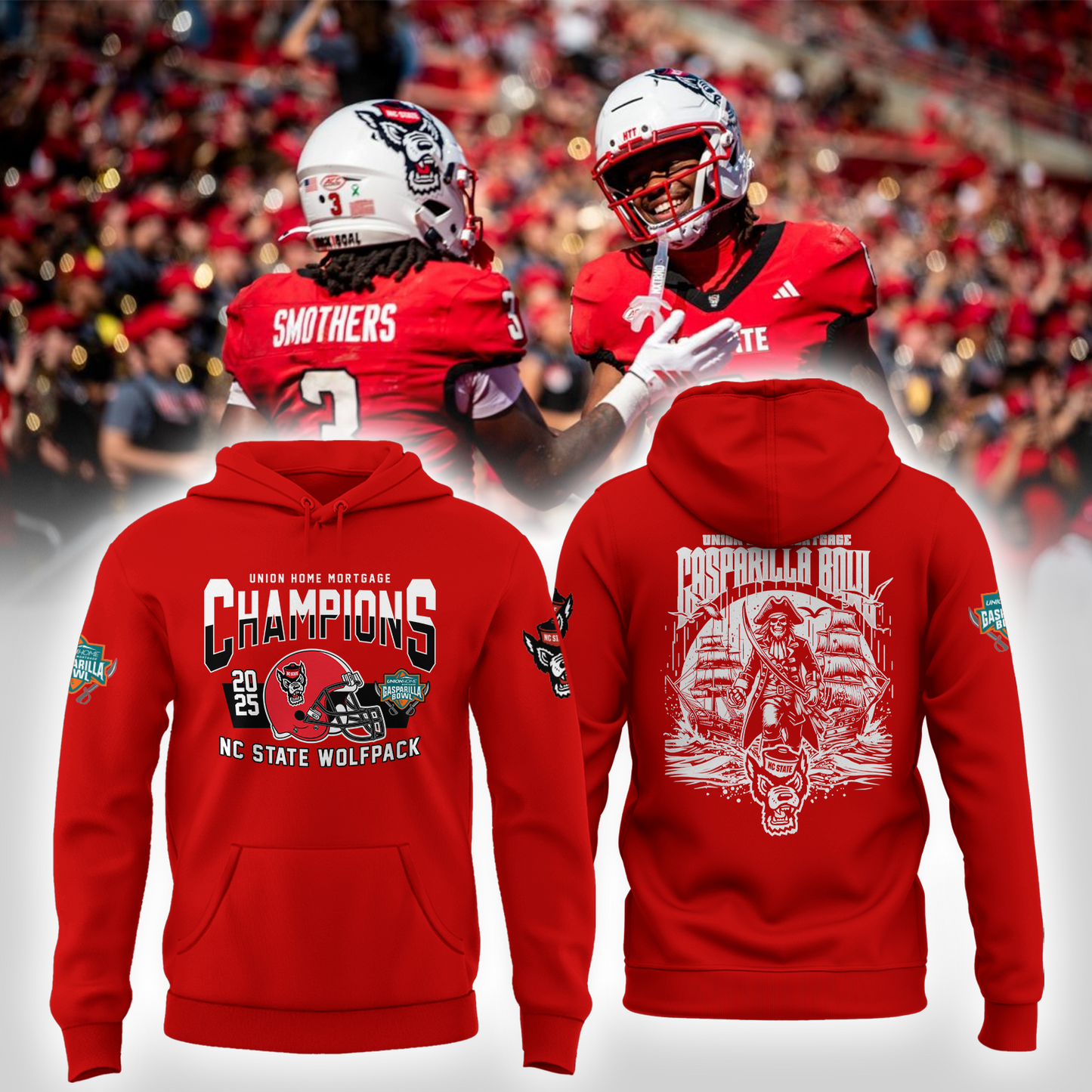 🏆2025 GASPARILLA BOWL CHAMPS - NC State Football Hoodie Champions - Red - All Cotton - Unisex