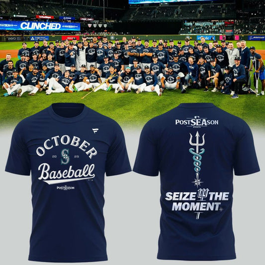 Special New October Baseball Post Season 2025 Seize The Moment Tridient Vintage Logo T-Shirt